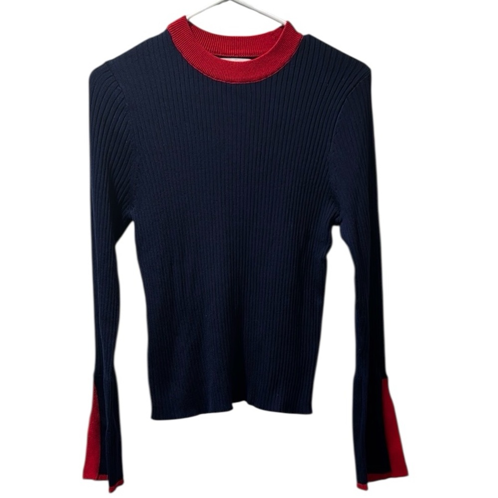 ⚡️ POPSUGAR Ribbed Long Sleeve Top L Blue Red Fitted Colorblock Stretch